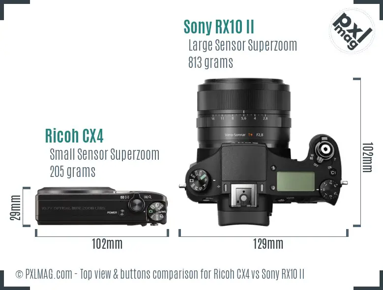 Ricoh CX4 vs Sony RX10 II top view buttons comparison