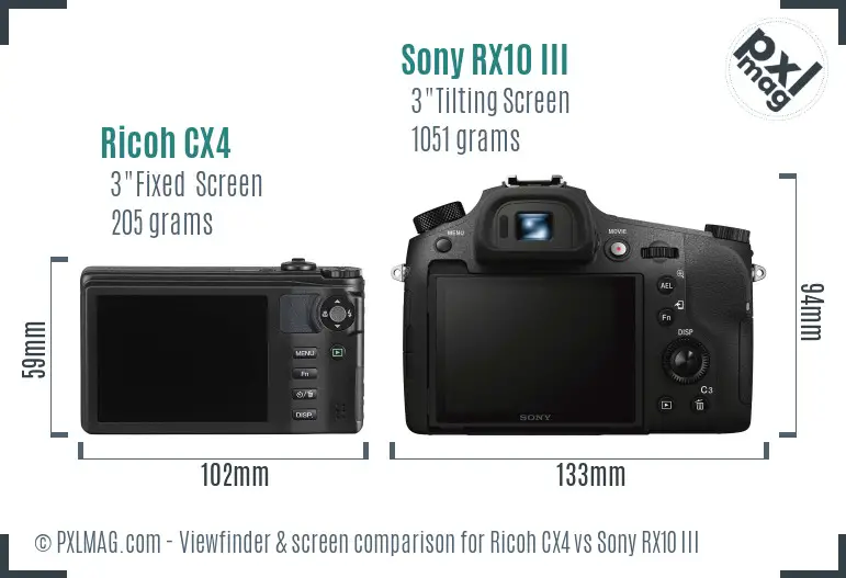 Ricoh CX4 vs Sony RX10 III Screen and Viewfinder comparison