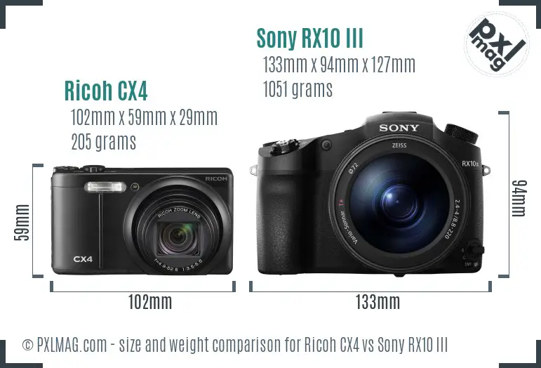 Ricoh CX4 vs Sony RX10 III size comparison