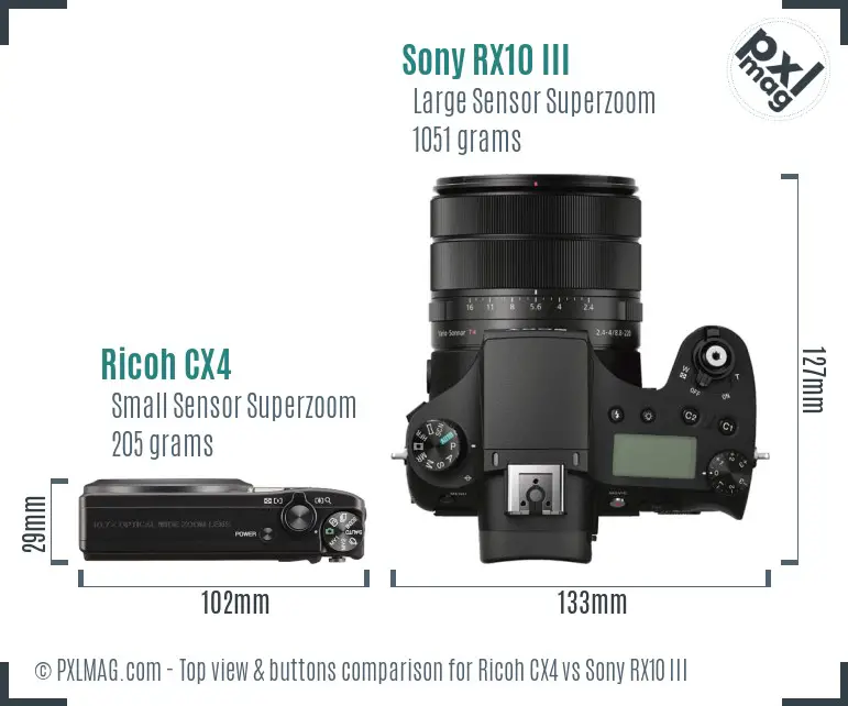 Ricoh CX4 vs Sony RX10 III top view buttons comparison