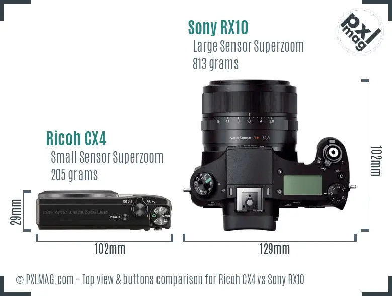 Ricoh CX4 vs Sony RX10 top view buttons comparison Ricoh CX4 vs Sony RX10 top view buttons comparison