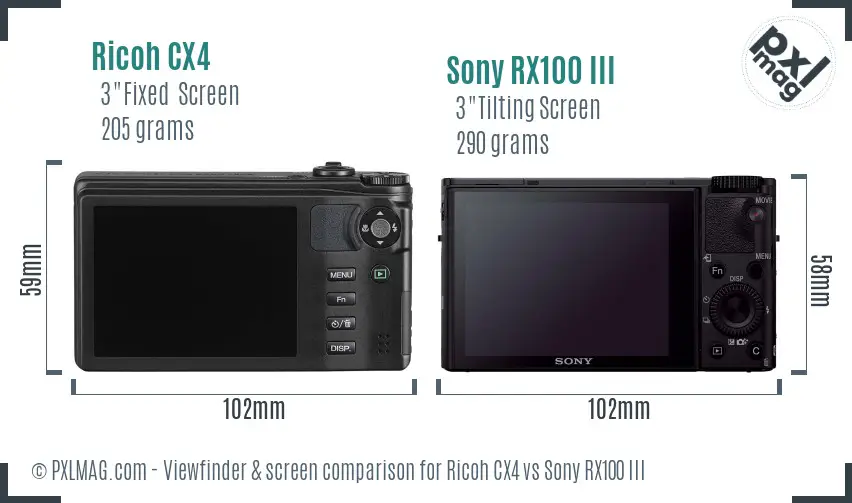 Ricoh CX4 vs Sony RX100 III Screen and Viewfinder comparison