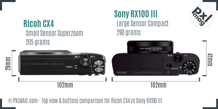 Ricoh CX4 vs Sony RX100 III top view buttons comparison