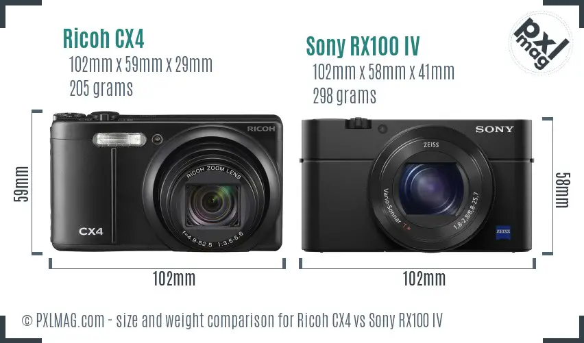 Ricoh CX4 vs Sony RX100 IV size comparison