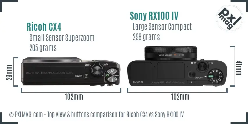 Ricoh CX4 vs Sony RX100 IV top view buttons comparison