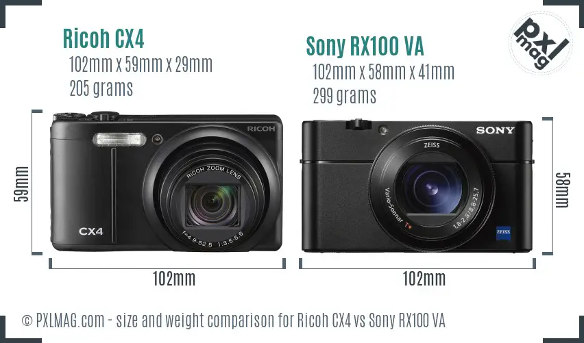Ricoh CX4 vs Sony RX100 VA size comparison