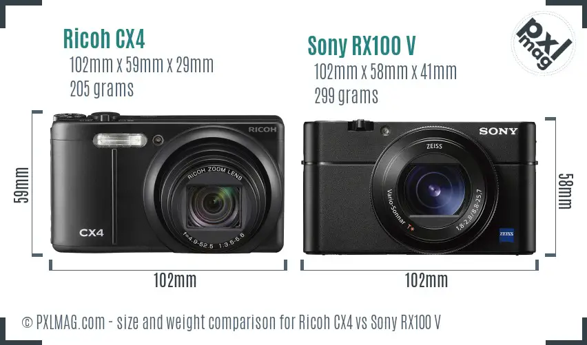 Ricoh CX4 vs Sony RX100 V size comparison