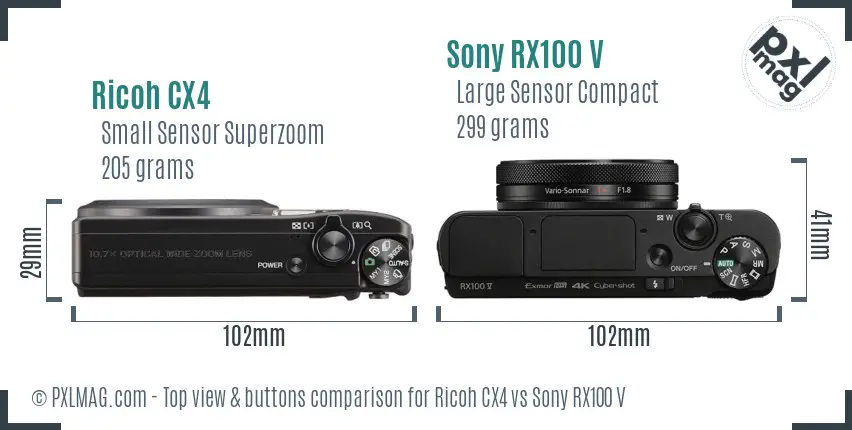 Ricoh CX4 vs Sony RX100 V top view buttons comparison