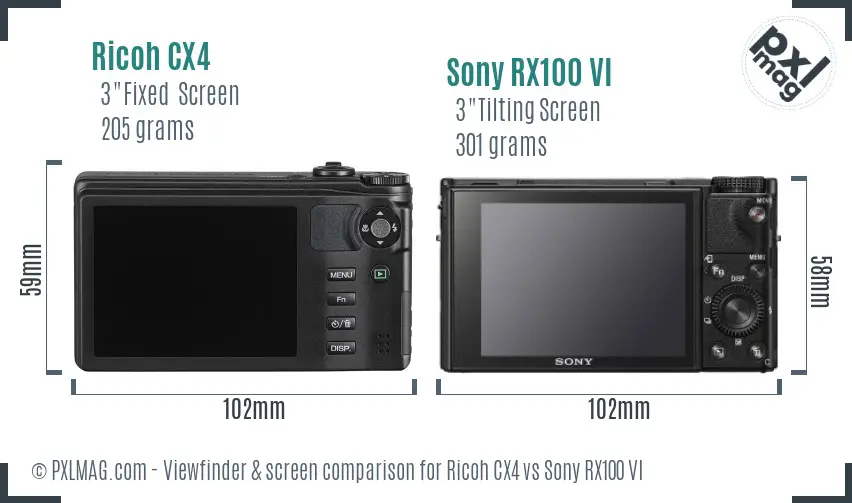 Ricoh CX4 vs Sony RX100 VI Screen and Viewfinder comparison