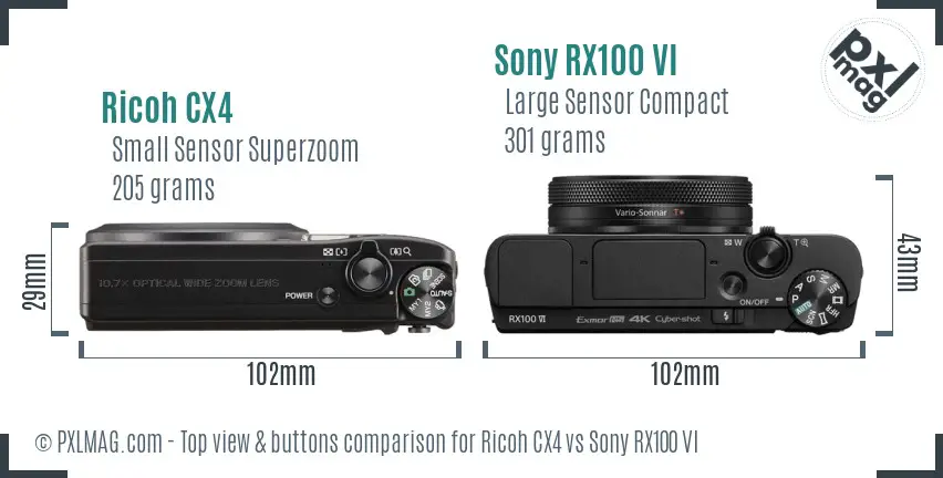 Ricoh CX4 vs Sony RX100 VI top view buttons comparison