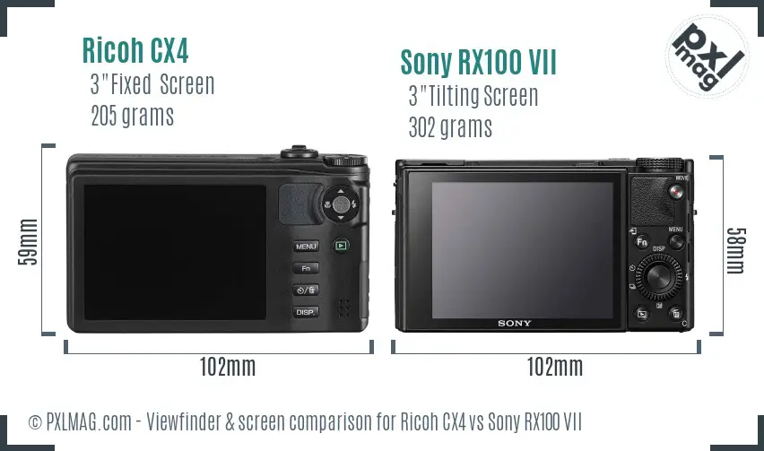 Ricoh CX4 vs Sony RX100 VII Screen and Viewfinder comparison