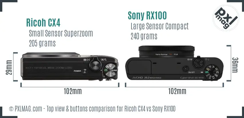 Ricoh CX4 vs Sony RX100 top view buttons comparison