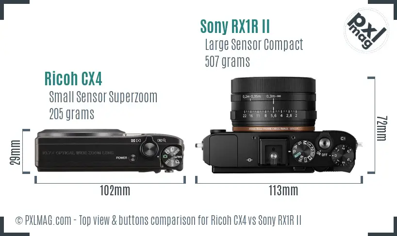 Ricoh CX4 vs Sony RX1R II top view buttons comparison