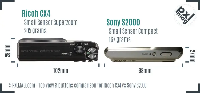 Ricoh CX4 vs Sony S2000 top view buttons comparison
