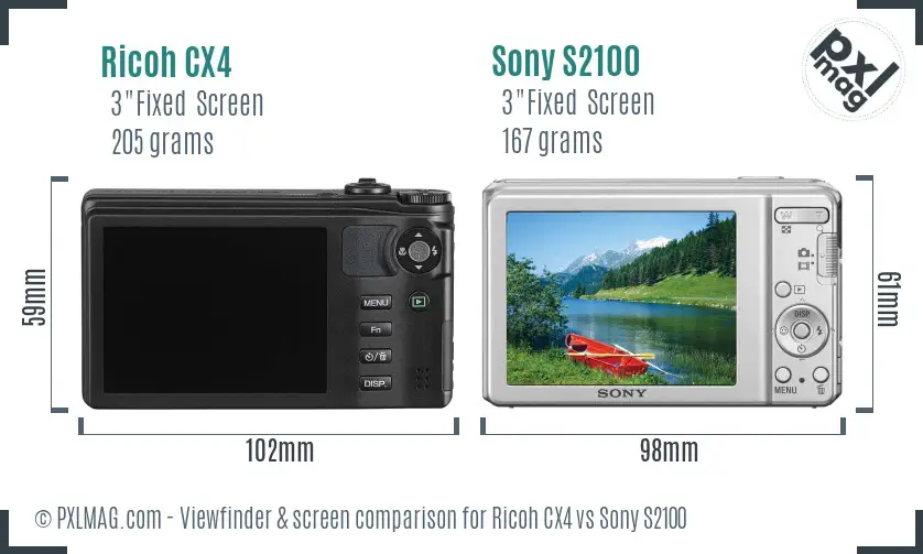 Ricoh CX4 vs Sony S2100 Screen and Viewfinder comparison