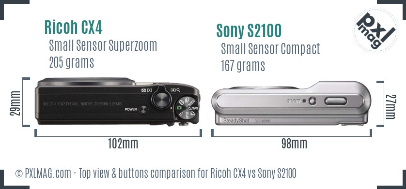 Ricoh CX4 vs Sony S2100 top view buttons comparison