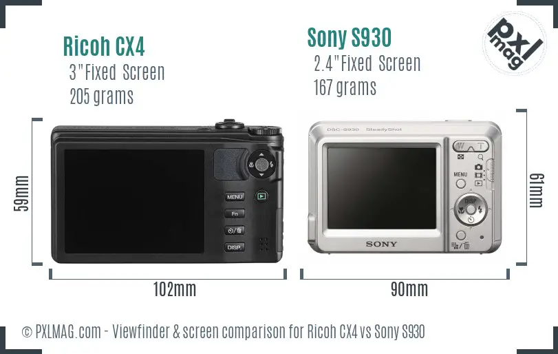 Ricoh CX4 vs Sony S930 Screen and Viewfinder comparison