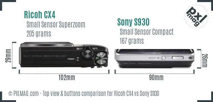 Ricoh CX4 vs Sony S930 top view buttons comparison