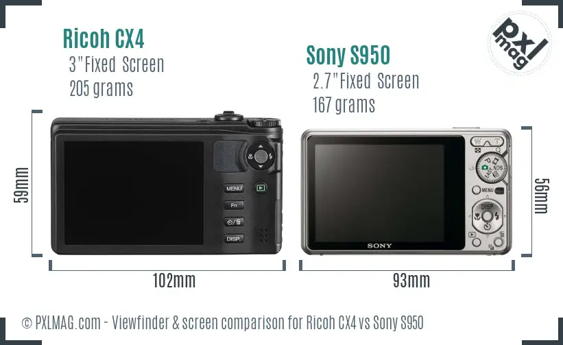 Ricoh CX4 vs Sony S950 Screen and Viewfinder comparison