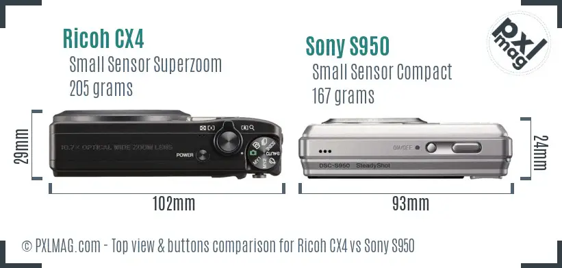 Ricoh CX4 vs Sony S950 top view buttons comparison