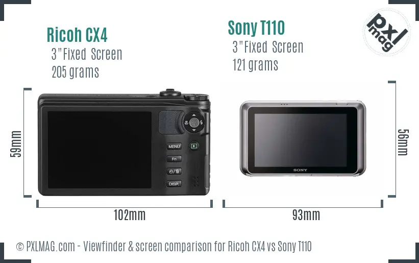 Ricoh CX4 vs Sony T110 Screen and Viewfinder comparison