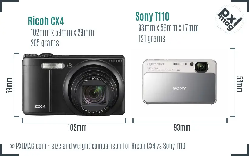 Ricoh CX4 vs Sony T110 size comparison