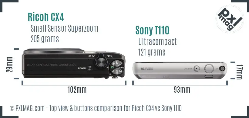 Ricoh CX4 vs Sony T110 top view buttons comparison