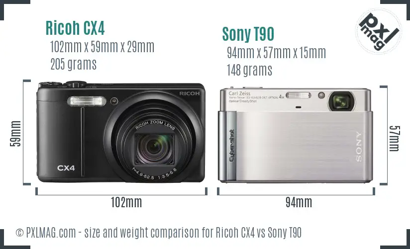 Ricoh CX4 vs Sony T90 size comparison