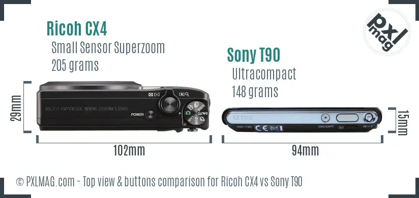 Ricoh CX4 vs Sony T90 top view buttons comparison
