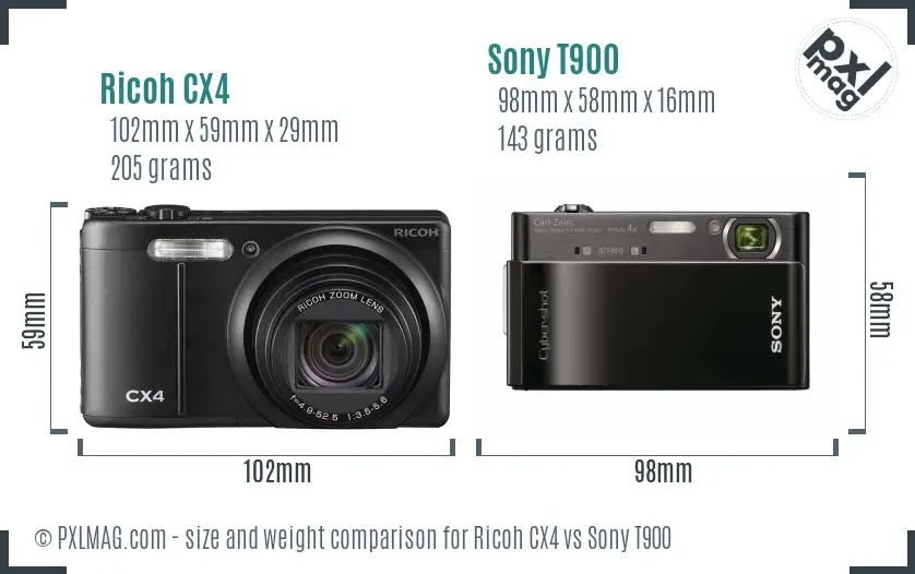 Ricoh CX4 vs Sony T900 size comparison