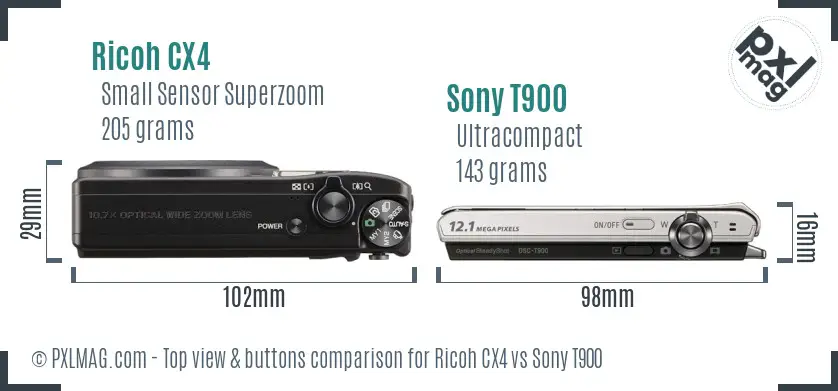 Ricoh CX4 vs Sony T900 top view buttons comparison