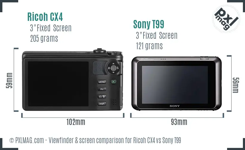 Ricoh CX4 vs Sony T99 Screen and Viewfinder comparison