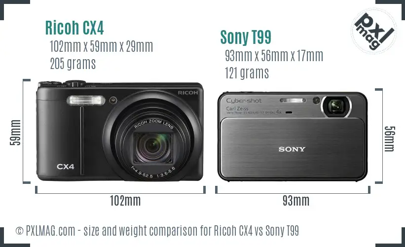 Ricoh CX4 vs Sony T99 size comparison