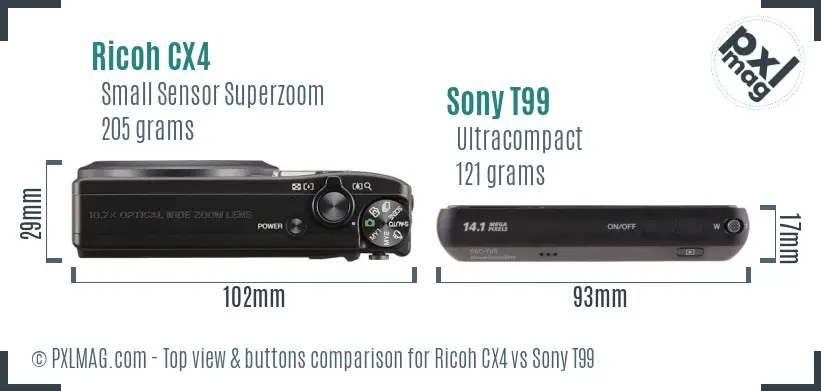 Ricoh CX4 vs Sony T99 top view buttons comparison