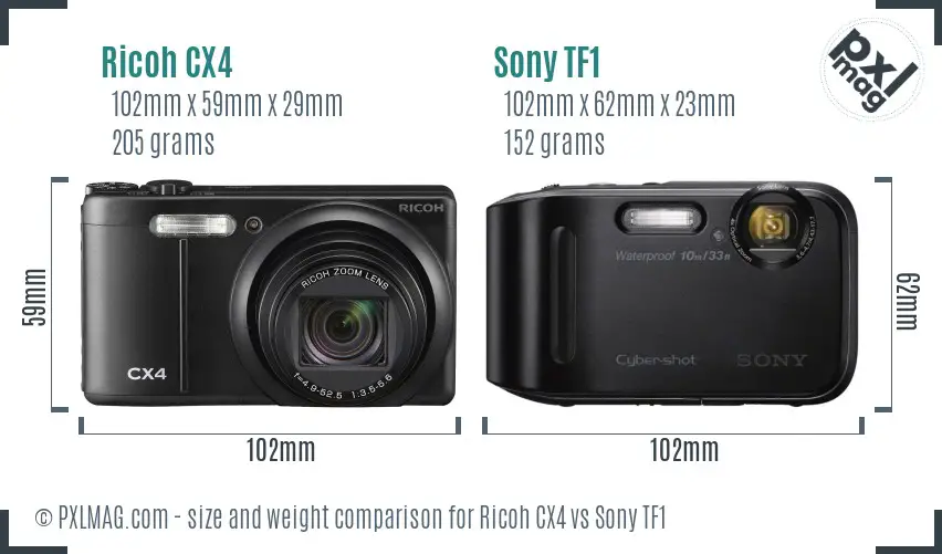 Ricoh CX4 vs Sony TF1 size comparison