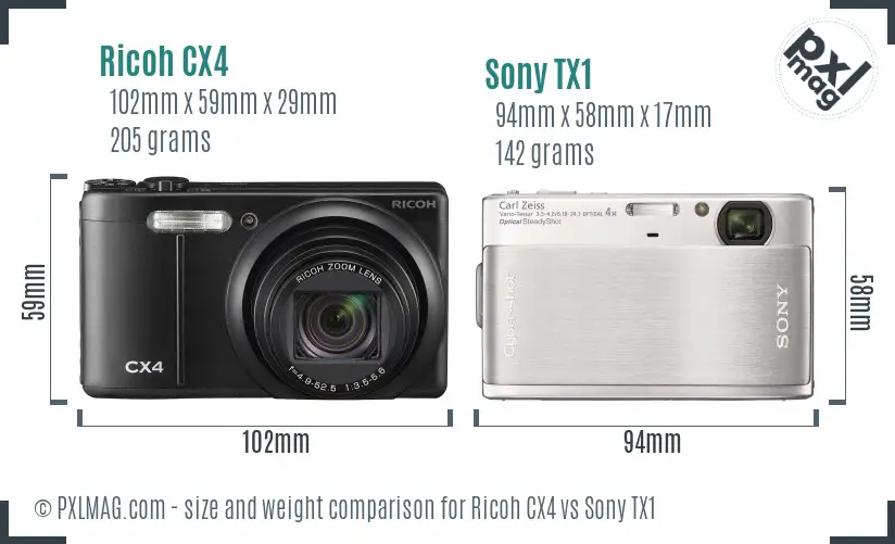 Ricoh CX4 vs Sony TX1 size comparison