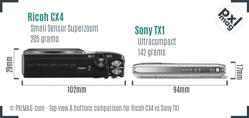 Ricoh CX4 vs Sony TX1 top view buttons comparison