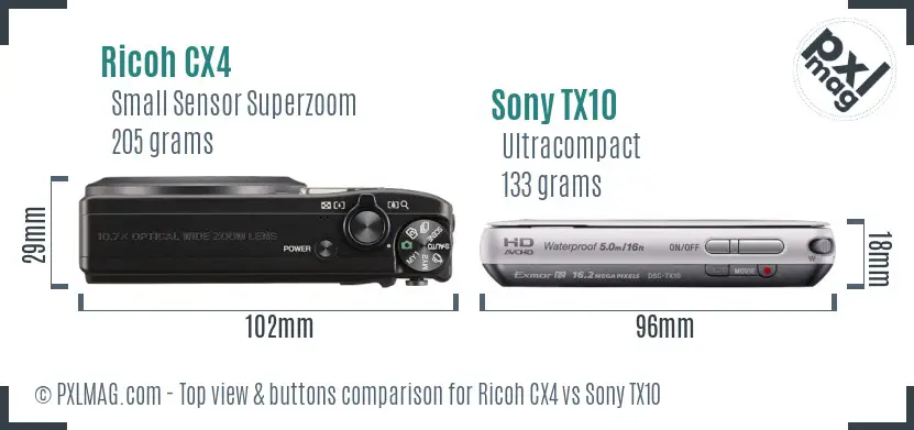 Ricoh CX4 vs Sony TX10 top view buttons comparison