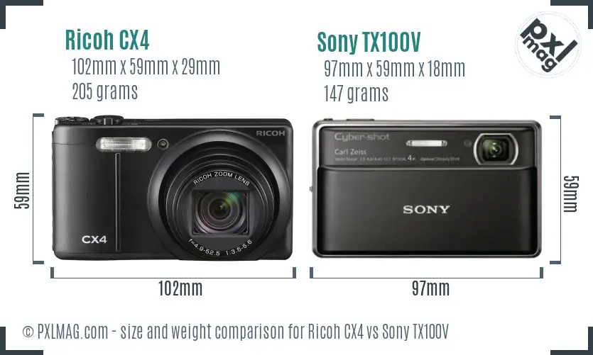 Ricoh CX4 vs Sony TX100V size comparison