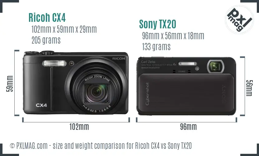 Ricoh CX4 vs Sony TX20 size comparison