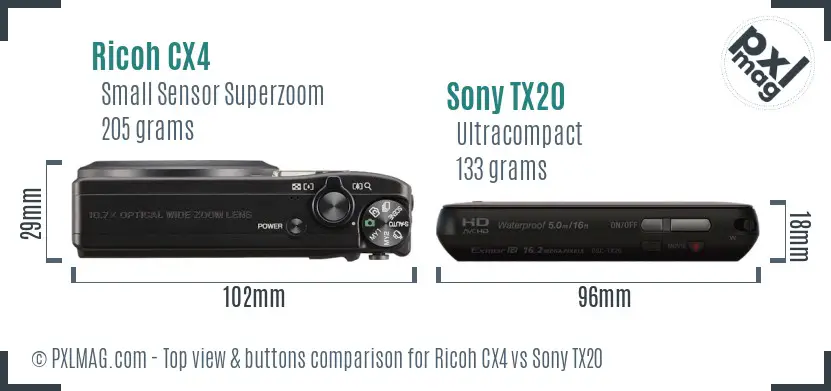Ricoh CX4 vs Sony TX20 top view buttons comparison