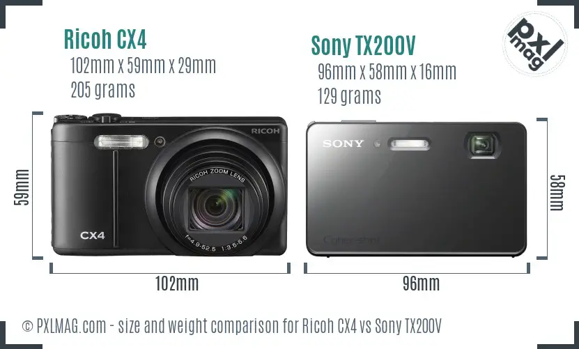 Ricoh CX4 vs Sony TX200V size comparison