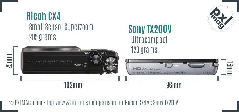 Ricoh CX4 vs Sony TX200V top view buttons comparison
