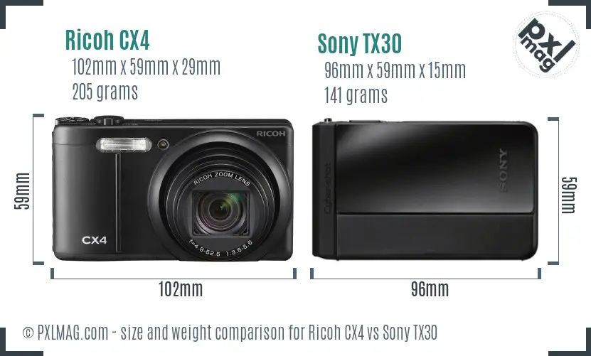 Ricoh CX4 vs Sony TX30 size comparison