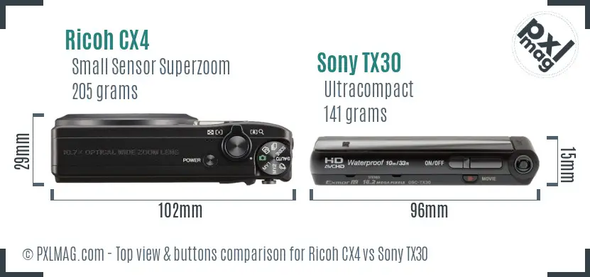Ricoh CX4 vs Sony TX30 top view buttons comparison