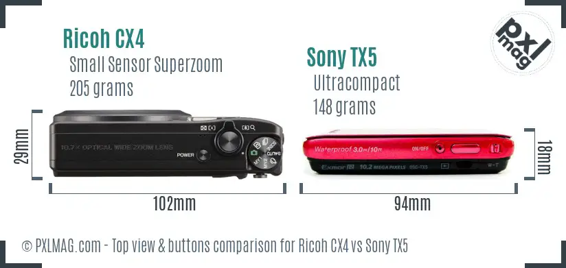 Ricoh CX4 vs Sony TX5 top view buttons comparison
