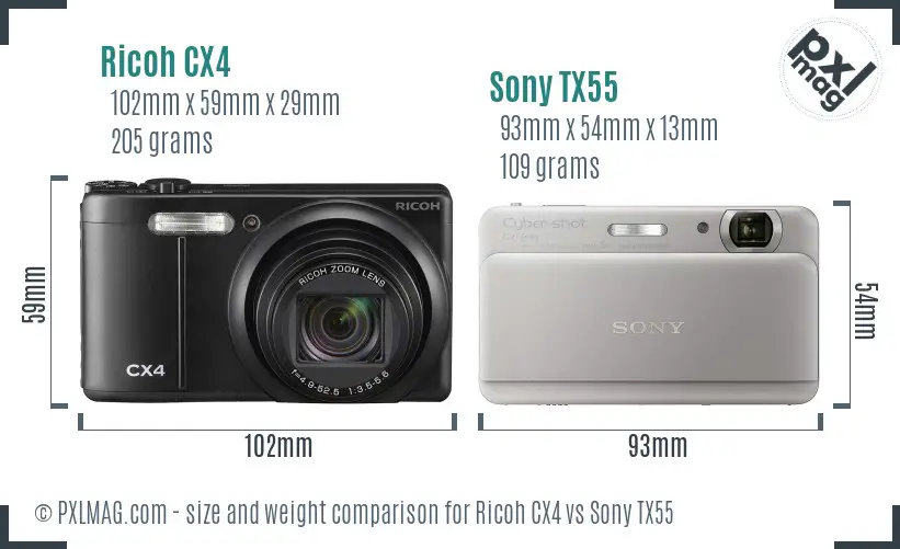 Ricoh CX4 vs Sony TX55 size comparison