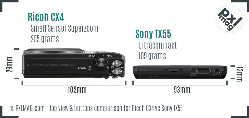 Ricoh CX4 vs Sony TX55 top view buttons comparison
