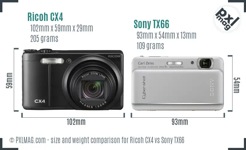 Ricoh CX4 vs Sony TX66 size comparison