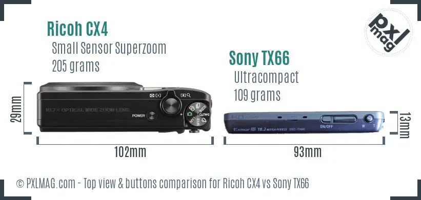 Ricoh CX4 vs Sony TX66 top view buttons comparison